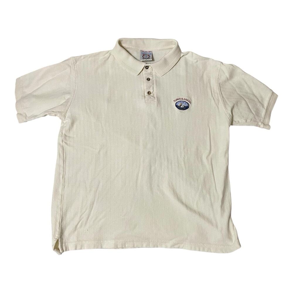 Vintage Yacht Club Polo Shirt Size Large Cream Turks Caicos Tourist Logo 80s 90s